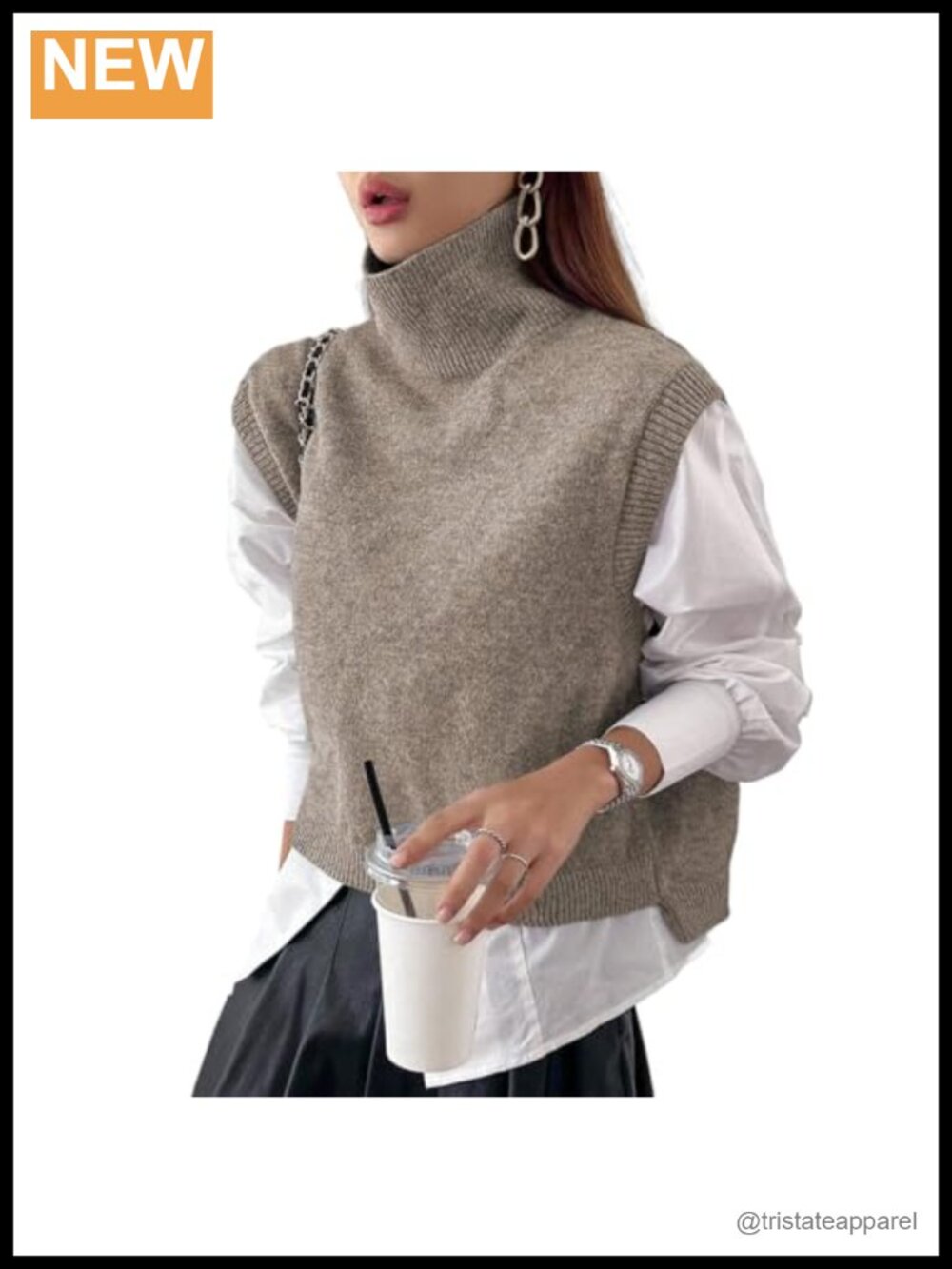Women Sleeveless Knit Crop Sweater Vest High Neck Loose Fit Pullover